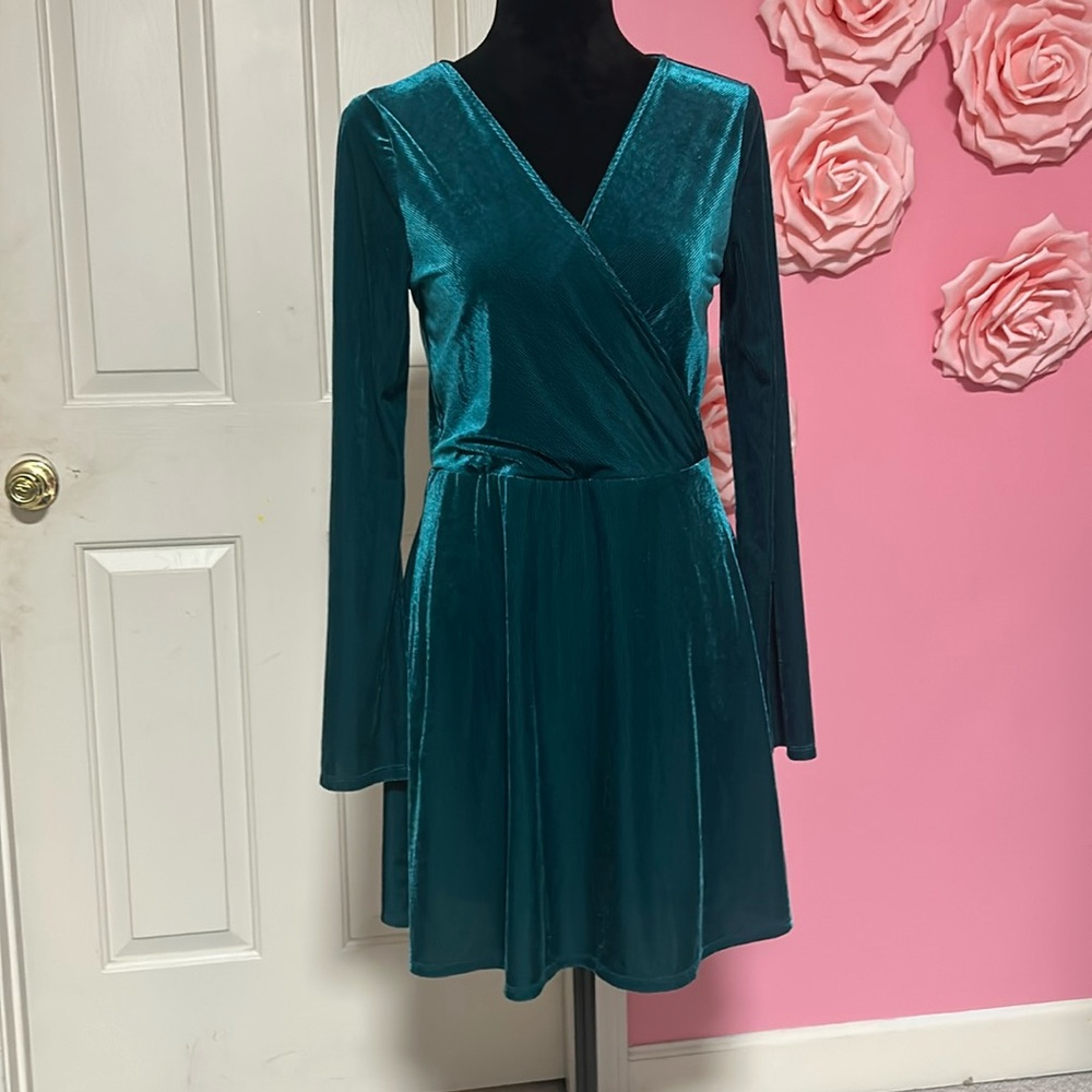 Velvet, long sleeve emerald green dress